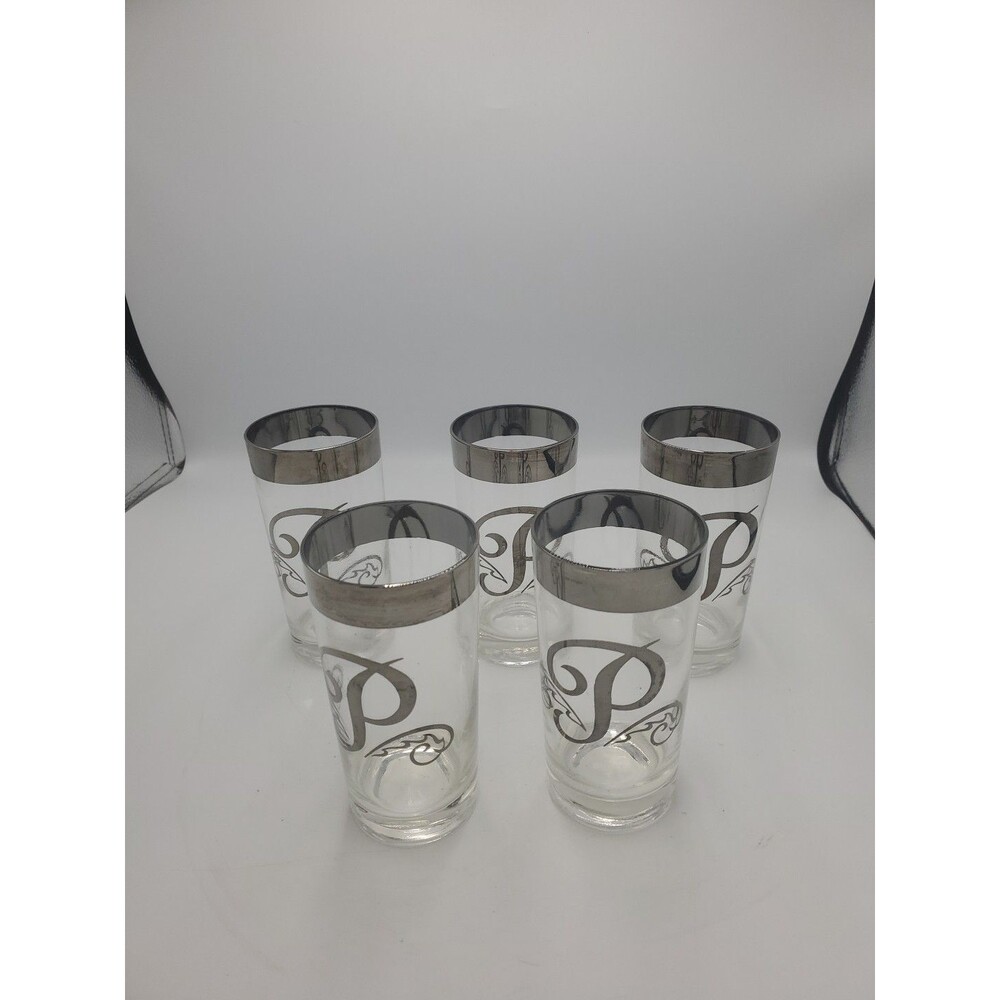 5 Highball Glass Monogram Platinum" style, silver rim and an "P" initial